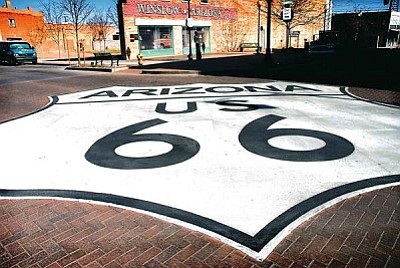 The Route 66 shield in downtown Winslow (Second St. & Kinsley Ave.) has been cleaned and is ready for summer tourists.