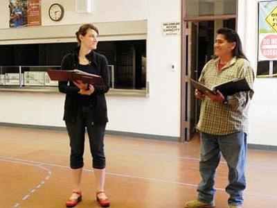 Cecily Overman (portraying Mary Colter) and Filmer Kewanyama (portraying Fred Kabotie) rehearse for the play. Submitted photo