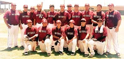 Pictured top from left are Coach Terrance Nockideneh No. 1, Cody Graham No. 4, Ryan Morgan No. 16, Tim Tsinagine No. 20, Josh Piestewa No. 45, Wyatt Tee No. 2, Branden Becenti No. 12, Shawn Deel No. 9, Jarid Slim No. 8, Carlton Robbins No. 6 and Coach Mike Hook. Pictured bottom from left are Lakota Bearshield No. 13, Nate Kitseallyboy No. 28, Brandon Roanhorse No. 24, Jeremy Yazzie No. 5 and Andrew Tso No. 3. Submitted photo