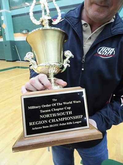 Tuba City Marine Corps Reserve Officer Training Corps (MCROTC) won the 2012 Regional Marksmanship Championship. The North-South MCJROTC Regional Championship traveling trophy left Tuba City High for three years. The trophy its now back in the lobby showcase of the Warrior Pavilion for all to see thanks to the marksmanship skills of 2012 team shooters Haley, Yazzie, Nez, Begay and Dinehdeal. Photo/Rosanda Suetopka Thayer