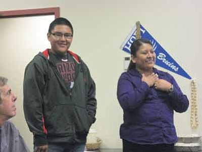 Detroit James and Lucille Sidney talk about the Close Up program at the March 19 Hopi Jr./Sr. High Governing Board meeting. Photo/Stan Bindell