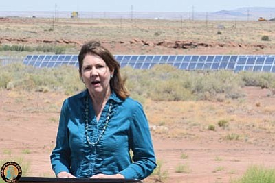 Representative Ann Kirkpatrick (Ariz.-1st Congressional District) talks at a recent ribbon cutting for the newly completed Navajo County Solar Facility in Holbrook, Ariz.  According to recent estimates, the solar array provides 80 percent of the current electrical needs for the Navajo County Complex and County Jail in Holbrook. Submitted photo