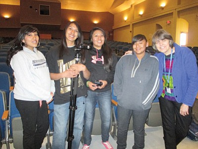 The Hopi High video film crew with Mary Beth Tinker. Pictured from left: Cia Weston, Vance Quamahongnewa, Jillian Sahneyah, Elena Pawytewa and Tinker. Stan Bindell/NHO