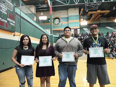 Tuba City High School has five 2014 Gates Millennium Scholars this year. Pictured from left:  Melanie Nez, Pearl Gore, Allen Joe and Tyler Johnson. Not pictured: Kamia Yazzie. The Gates Scholarship is awarded to 1,000 minority students nationally each year. Rosanda Suetopka/NHO