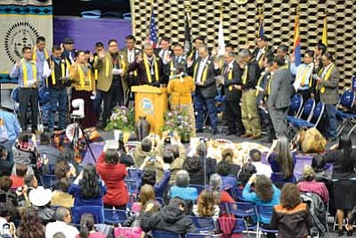 Navajo Nation Judge Victoria R. Yazzie gives the oath of office to the 23rd Navajo Nation Council before a crowd of about 300 people at about noon at the Window Rock, Ariz., High School sports arena, which seats 6,500 people, on Jan. 13, 2015. Photo/Marley Shebala