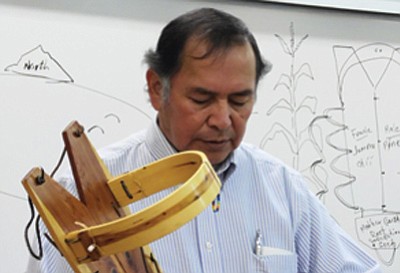 Peter Yazzie, a traditional Navajo cultural specialist, gives a lecture on the traditional Navajo cradleboard, how it was created and the purpose of swaddling a Navajo infant in a cradleboard to give the child a firm foundation in life. Photo//Rosanda Suetopka