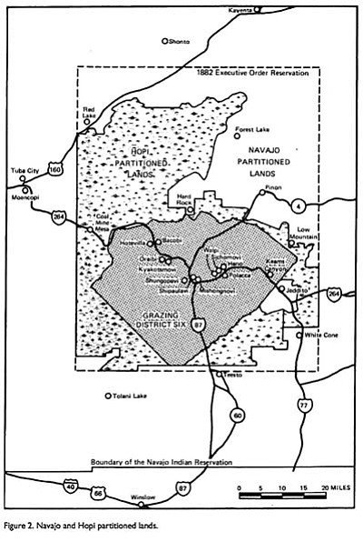 Disputed areas of the tribal lands and how they were ordered partitioned by a court in 1962, when residents were ordered off lands that did not belong to their tribes.Photo/Inspector General/Interior Department