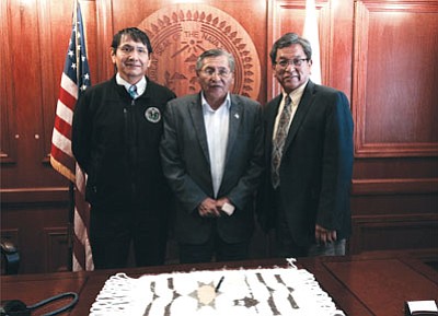 Vice president-elect Jonathan Nez, President Ben Shelly and President-elect Russell Begaye stand in the Office of the President April 23. Photo/Rick Abasta