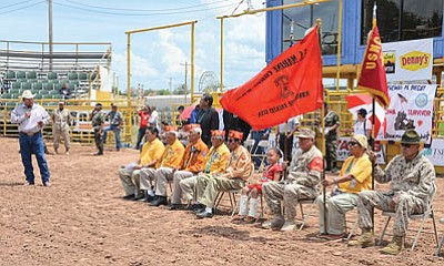 Speaker LoRenzo Bates pays tribute to Navajo Code Talkers at the 29th Annual Navajo Nation Fourth of July Celebration in Window Rock on July 4. Photo/Rick Abasta