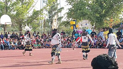 White Mountain Apache Crown Dancers give a public performances in Tuba City. This morning performance was at Tuba City Primary School in uptown Tuba City. Photo/Rosanda Suetopka