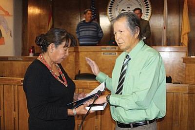 Former Navajo Nation Tribal Chairman Leonard Haskie is sworn in as a council delegate. Submitted photo