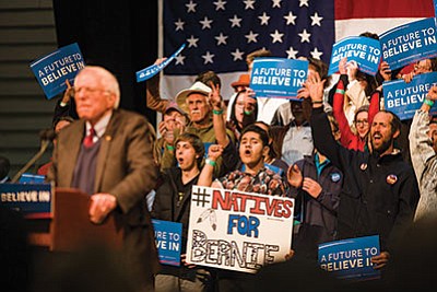Democratic presidential hopeful Sen. Bernie Sanders (I-Vermont) speaks to a crowd of 3,000 during a rally at Ft. Tuthill March 21. Sanders discussed Native American issues among many other issues in a one-hour speech. Photo/Ryan Williams