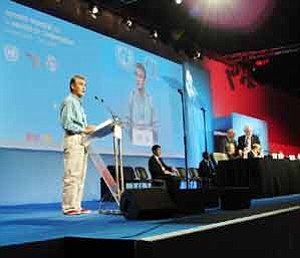 Photo by George Hardeen
Navajo President Joe Shirley, Jr., addresses the planning session for the World Summit on the Information Society in Ottawa, Canada, last March. He said the Navajo Nation is committed to UN goals of ending extreme poverty around the world through Information, Communications and Technology.

