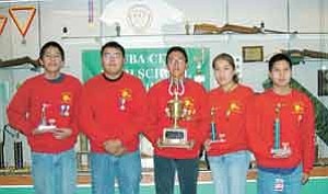 Rosanda Suetopka Thayer/TC District Media
TC High Warriors Marine Corps Junior ROTC Marksman top winners this year include (from left) Darrell Robbins, 10th grade, Third Place Overall, Second Place Standing, Second Place Prone; Garrett Begay-10th grade, Sixth Place Overall Third Place Kneeling; Charles Lee-11th grade, Second Place Overall, First Place Prone, First Place Kneeling, Third Place Standing; Ashley Manygoats, 10th grade, First Place Overall, First Place Standing; Darrin Talawepi, 11th grade, Fourth Place Overall, Second Place Kneeling. Tuba City High took First in the Western United States, First in entire United States.