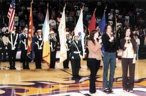 Photo by Stan Bindell
Hopi High Junior ROTC posted  the colors during the national anthem during a recent Phoenix Suns/Orlando Magic game. The Suns came from behind to beat Orlando 123-118.
