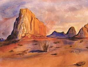 Photos courtesy of the Museum of Northern Arizona/Dan Otts<BR><BR>
“Desert in the Morning” by First Place Winner in watercolor Carl Yazzie from Chinle High School, Grade 12 

