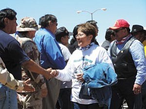 Photo by Karen Francis/Navajo Nation Speakers Office
Jamie Platero and Tom White Jr. greet their hosts at the Hopi Veterans Center on May 17.