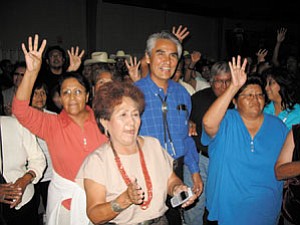 Photo by George Hardeen 
President Shirley and First Lady Vikki Shirley at the Navajo Nation Civic Center, Aug. 8,  amidst  cheers of “Four more years” from his many supporters.

