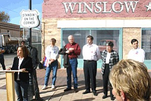 Governor Janet Napolitano, Congressional candidate for District One Ellen Simon and Senator Jim Pederson speak briefly before a crowd of approximately 50 people in Winslow Monday morning