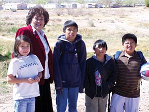 Pictured at the site of the new Tuba City community park are (from left): Sky Littleman, Tuba City Primary School student, from Tonalea; District Five Supervisor Louise Yellowman; Melvin Whitesinger Jr., Tuba City Boarding School student, Tuba City; Layton Black, Tuba City Boarding School student, Tuba City; Matthew Tallman, Tuba City Boarding School student, Tuba City.