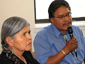 Jeanne Whitehorse (left) and Kee Long.  Whitehorse manages the New Mexico Tribal Library Program in Crownpoint, N.M. and Long is the Navajo Nation's Broadcast Services Manager (Photo by Colleen Keane).