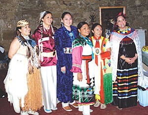 From left to right are Kishan Lara in traditional Hupa dress, Randilynn Boucher in traditional Dakota, Michelle Descheenie in traditional Diné, Juanita White in traditional Hopi, Nikki Borchardt in traditional Ute and Karen Serna in traditional Piipash (Photo courtesy of ASU).