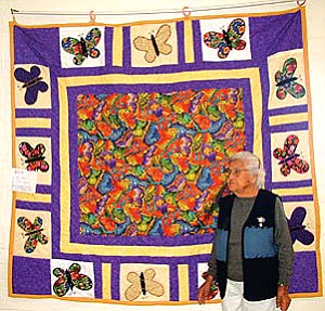 This quilt entitled “Butterflies”, was made by Marsah Balenquah of the Snake Clan. Balenquah is the Bacavi Youth Elder Program’s oldest quilter at the age of 97.