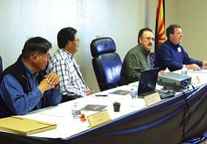 Navajo County Supervisor Percy Deal (District I, left), Supervisor Jesse Thompson (District II), Supervisor J.R. DeSpain (District III) and Navajo County Manager Jimmy Jayne meet at the Navajo County Courts Complex in Kayenta (Courtesy photo).