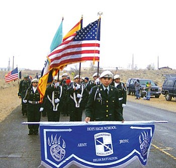 The Hopi High JROTC cadets brave the cold in the annual K-Town parade Dec. 8 (Courtesy photo).