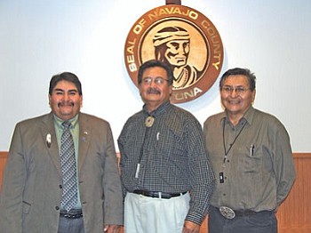 Hopi Vice-Chairman Todd Honyaoma, Navajo County Supervisor Jesse Thompson and Navajo Nation Vice President Ben Shelley gather for a photo at the dedication celebration (Courtesy photo).