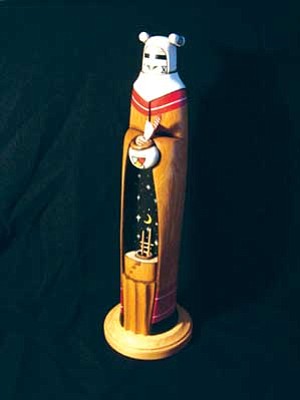 Kachina doll depicting the Snow Maiden by Wilfred Kaye. Dolls are depictions of the katsina spirit, not an actual katsina and are used to teach Hopi children the importance of them in regards to Hopi culture (Photo courtesy of HEEF).