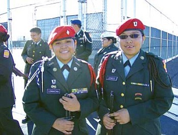 Cadet Major J’mal Lomakema (left) led the Drill Team in the Unarmed Regulation and Cadet Sergeant Carrie Jones led them in the Armed Regulation (Photo courtesy of Hopi JROTC).