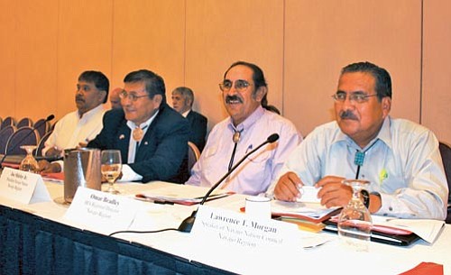 <i>Photo by Joshua Lavar Butler, NN-OS</i><br>
A Navajo Nation delegation attended the quarterly meeting of the Tribal Budget Advisory Council (TBAC) meeting in Verona, N.Y. on Aug. 12-13, 2008. Pictured (from left to right) is Arbin Mitchell, Vice President Ben Shelly, Omer Bradley and Charles Long from Speaker Lawrence T. Morgan’s office.