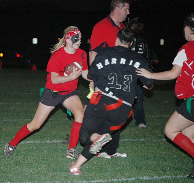 The Senior ladies drubbed the juniors in a Homecoming Week flag football contest <br>TribPhoto/Cheryl Hartz