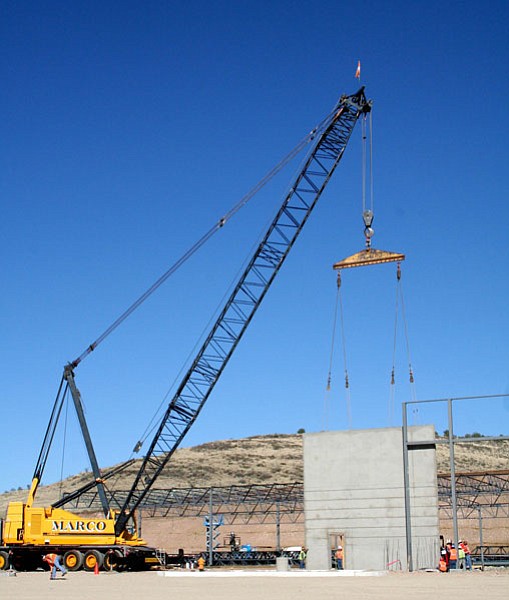 Trib Photo/Sue Tone<br>
The first section of the tilt up walls for the new Home Depot store in the Prescott Valley Crossroads went up Monday.