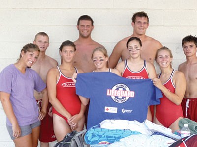 Winning Mountain Valley Splash lifeguards are back row, from left, Rian Mazza, Kohl Balsiger, Jake Balsiger, and Jacob Marks. Front row: Michelle Drietz, Bryce Shauwecker, Sarah Duncanson, Rebecca Knows the Ground, and Jessica Shuman.<br>
Courtesy Photo