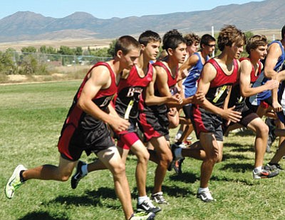 The Bradshaw Mountain boys’ cross country team, shown here at their own invitational in October, took 10th at the state meet Saturday in Cave Creek. From l-r are: Weston Byers, Ryan Petzoldt, Esteban Morales, Ryan Madler and C.J. Unruh. Nick Berardi and Alex Pepka also participated.<br>
TribPhoto/Cheryl Hartz