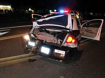 Damage to a Prescott Valley police officer’s patrol car is seen after a collision Tuesday at Highway 69 and Prescott East Highway.<br>
PVPD/Courtesy photo