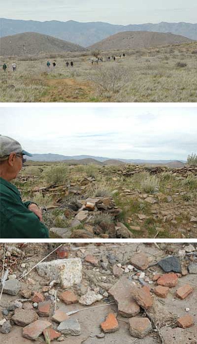 Top, a group walks to the Pueblo La Plata ruin, to the right in photo. Middle, Friends of the Agua Fria National Monument's avocational archeologist Trudy Mertens looks at the ruin. Bottom, people have moved pieces of pottery to one spot. Photos by Cheryl Hartz