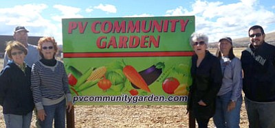 PV Community Garden executive volunteers stand by the new sign at the garden on Lake Valley and Florentine roads. From left are Christy Allen, Dave Sawyer, Jann Kemp, Gina Webber, Robin Fox and Jack Allen.<br>
Courtesy Photo