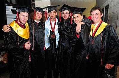 Les Stukenberg/The Daily Courier. Christian Carter, John Krein, Miguel Baca, Max Gustafson, Daniel Felipe and Satchel Clifford before the Commencement Ceremony for the Bradshaw Mountain High School Class of 2015 at the Prescott Valley Event Center Thursday, May 21.