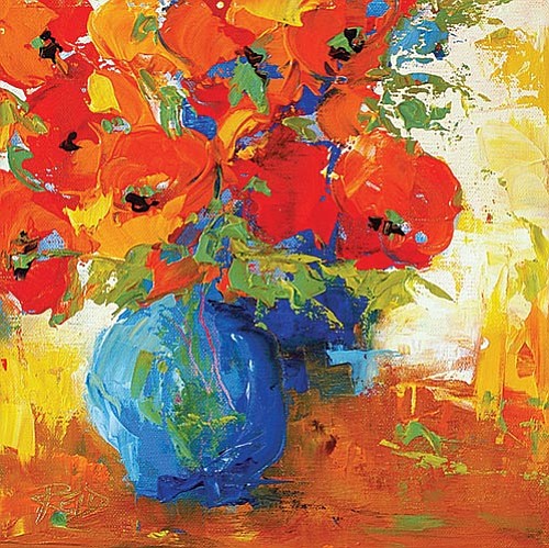 "Vase of Red Poppies," an original oil on canvas painting, framed to 16" x 16", is by Cynthia Reid and will be part of Lanning Gallery's "Collecting Intro" reception on 1st Friday.