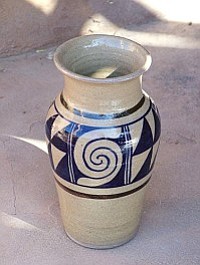 This southwest geometric designed large vase is a perfect example of the functional, and distinctive pottery of David Hall and Jane Moore of Made in Jerome Pottery.