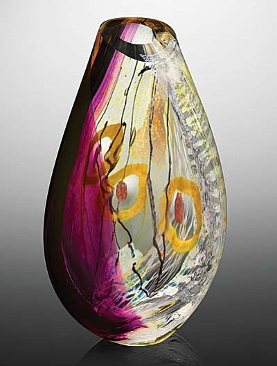 “Miro,” by Randi Solin, is a 14”h x 10”w x 4”d hand-blown studio glass piece featured in “Brilliant Hues: Randi Solin Glass & Mark Gould Paintings” opening on 1st Friday at Sedona’s Lanning Gallery. Both artists will be in town for the opening.
