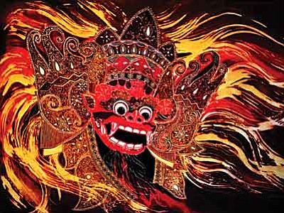 Marjorie Claus celebrates her membership in the Co-op as a batik artist by referencing her Indonesian roots where she first learned batik. She chose to depict a Balinese Barong (left), a mythological character, which symbolizes the Force for Good. <br /><br /><!-- 1upcrlf2 -->