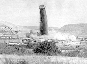 The 430-foot smoke stack of the United Verde Copper Co. smelter was demolished Oct. 2 1966.