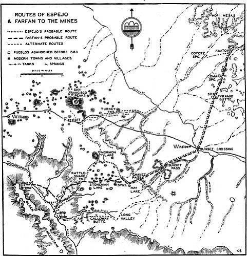 In 1942, Museum of Northern Arizona scholar and librarian Kathleen Bartlett published what is considered the preeminent study on the routes of Antonio Espejo and Marcos Farfan to the mines in central Arizona (below). Previous scholars believed the mines were new Williams or further west. Bartlett showed they were the rich copper deposits near Jerome.