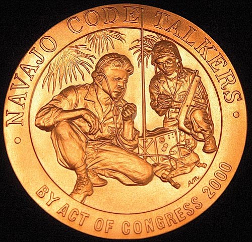 Only the original 29 received gold medals. Recently Congress issued silver medals to the other code talkers.   The inscription on the back of the Congressional gold Medal reads “Dine Bizaad Yee Atah Naayee Yikeh Deesklii.” It translates to, “They were the individuals who used the Navajo Language to defeat the enemy during war.”