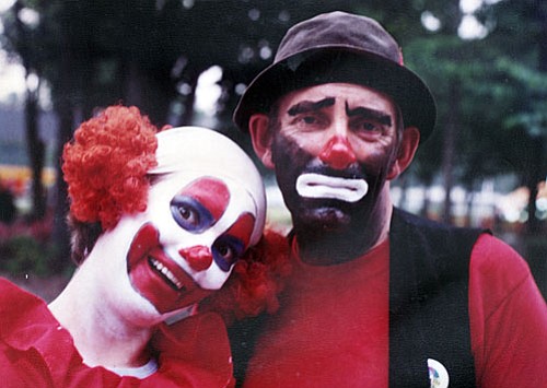 In clown makeup with partner at Magic Harbor, Myrtle Beach, S.C., in 1979.