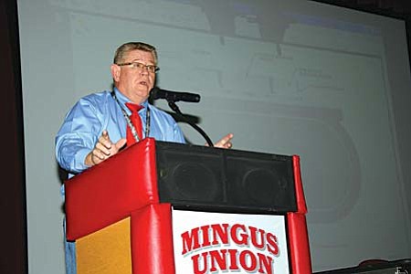 VVN/Philip Wright
MUHS Superintendent Tim Foist addressed about 30 people in the school auditorium Tuesday night. The public presentation outlined the current proposal for a new sports complex at the high school.